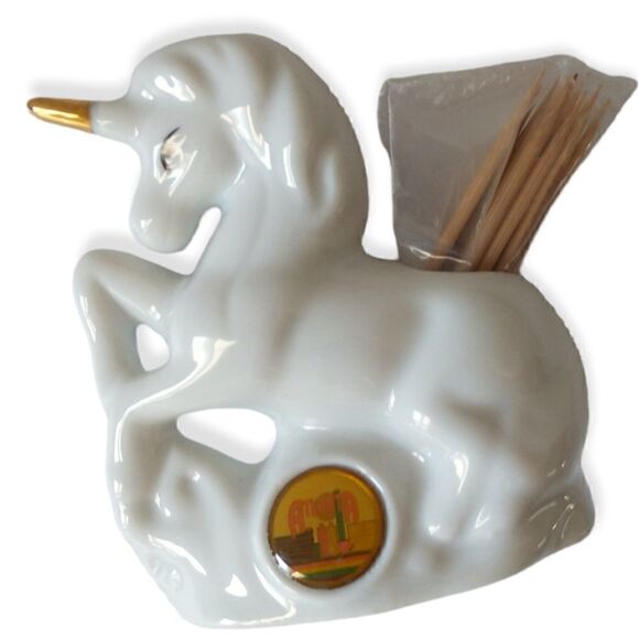 Vtg Atlanta GA Unicorn Toothpick Holder State Souvenir Ceramic Horse White Gold. - Picture 12 of 16